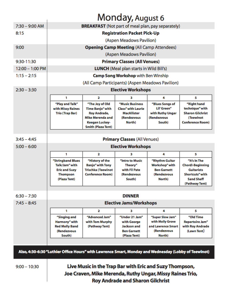 Daily Schedule Targhee Music Camp